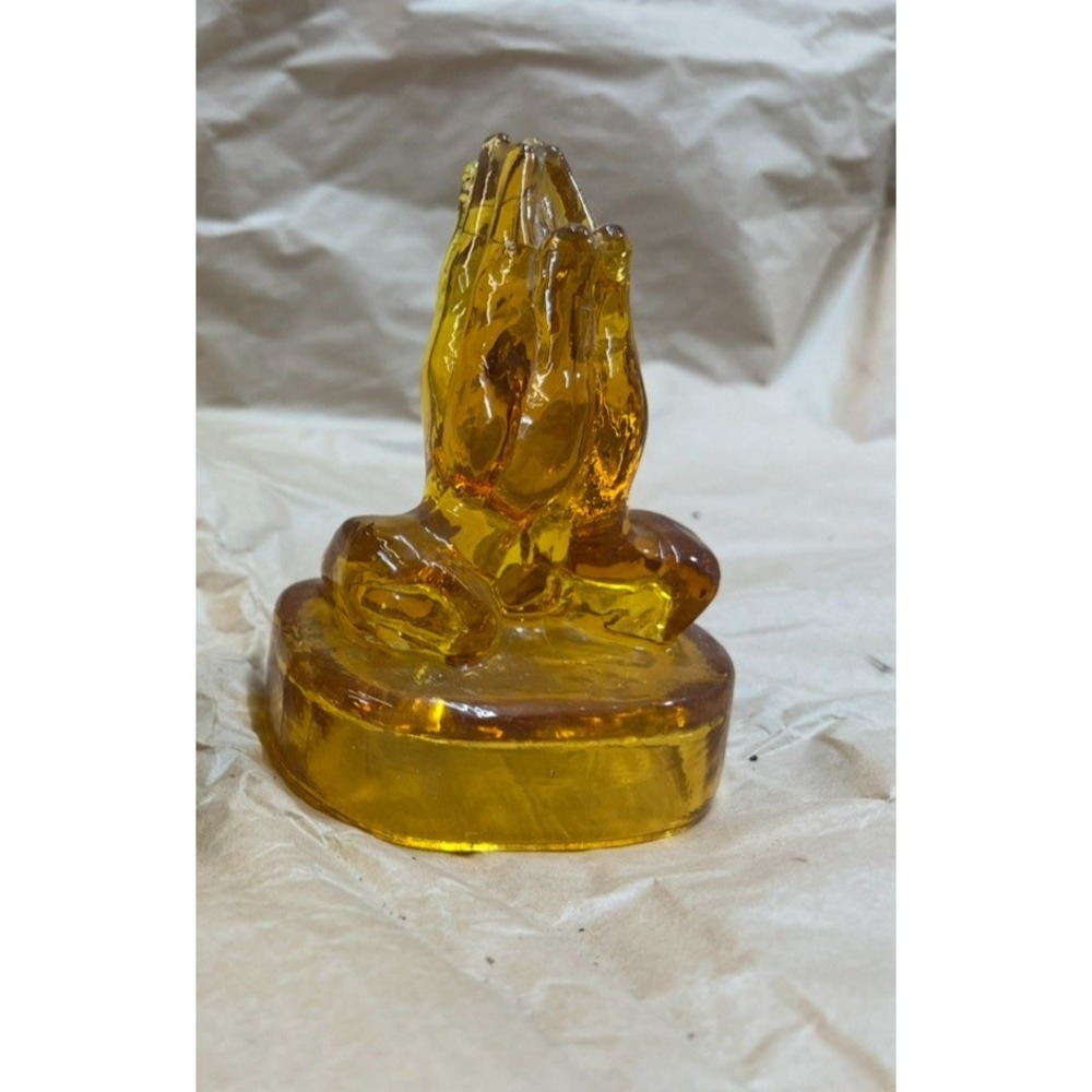 Glass Kanawha Praying Hands Amber Paperweight Decor Pressed
